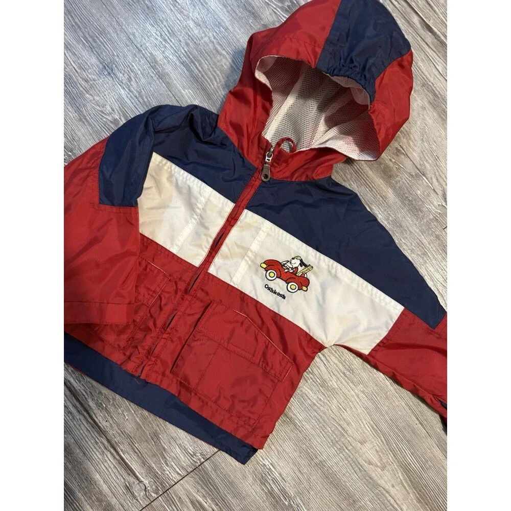 2000s OshKosh Boys Hooded Colorblock Windbreaker Jacket Zip Pockets Red/Blue 18